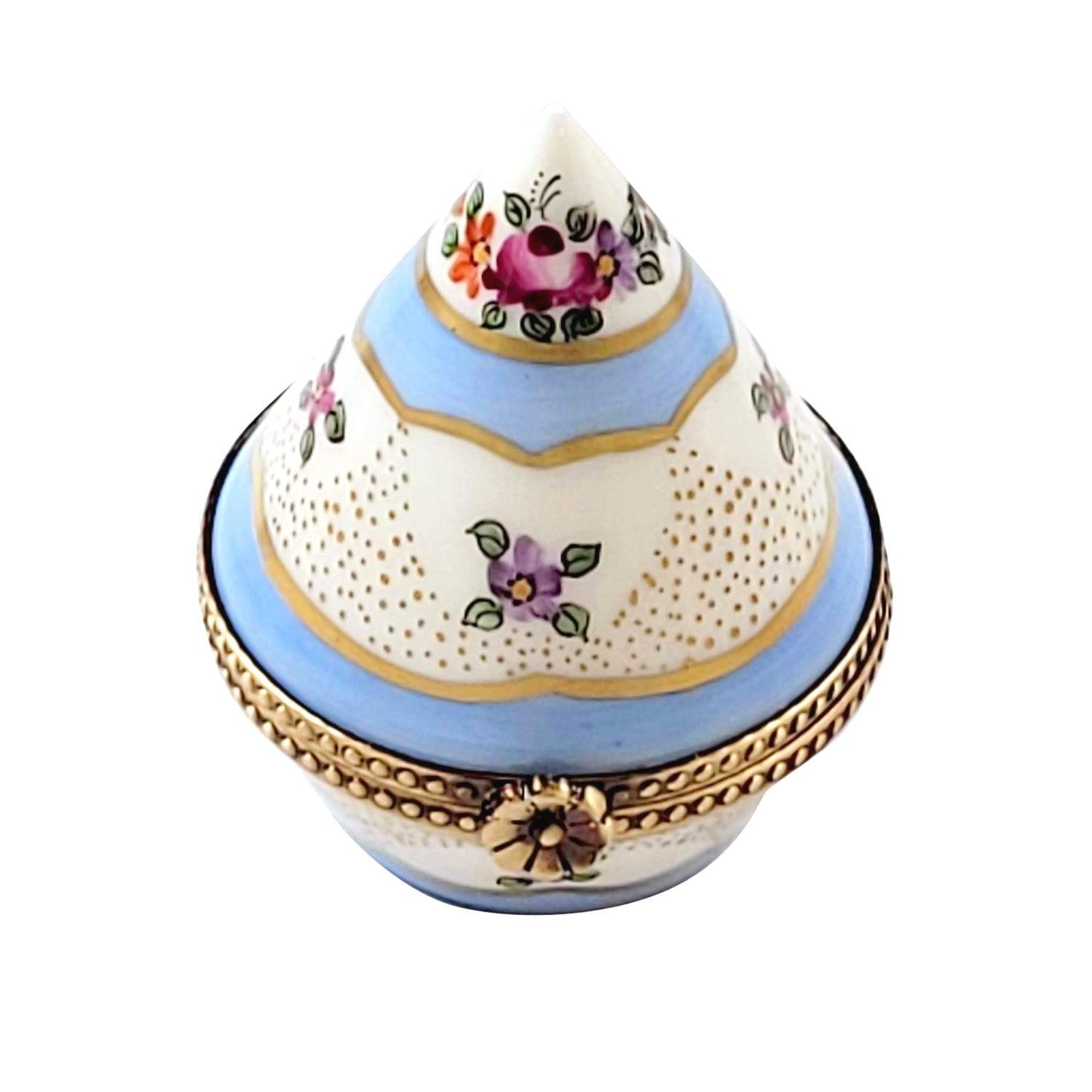 Floral Light Blue & Gold Cone Shape Porcelain Limoges traditional French Trinket Box
