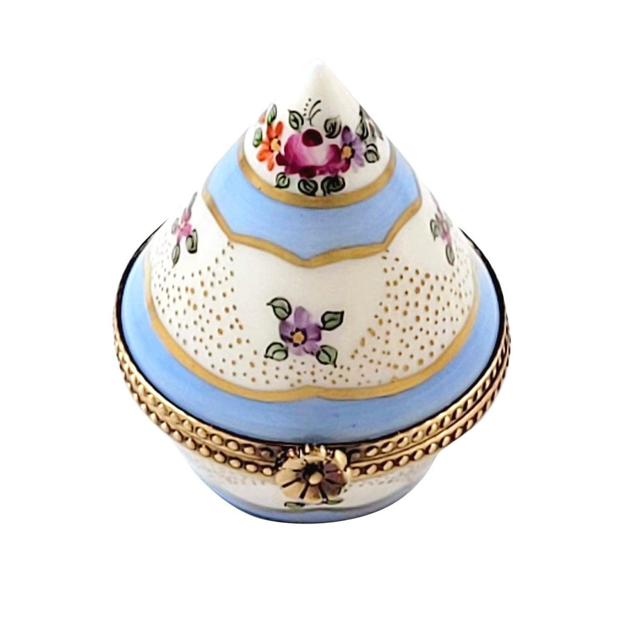 Floral Light Blue & Gold Cone Shape Porcelain Limoges traditional French Trinket Box