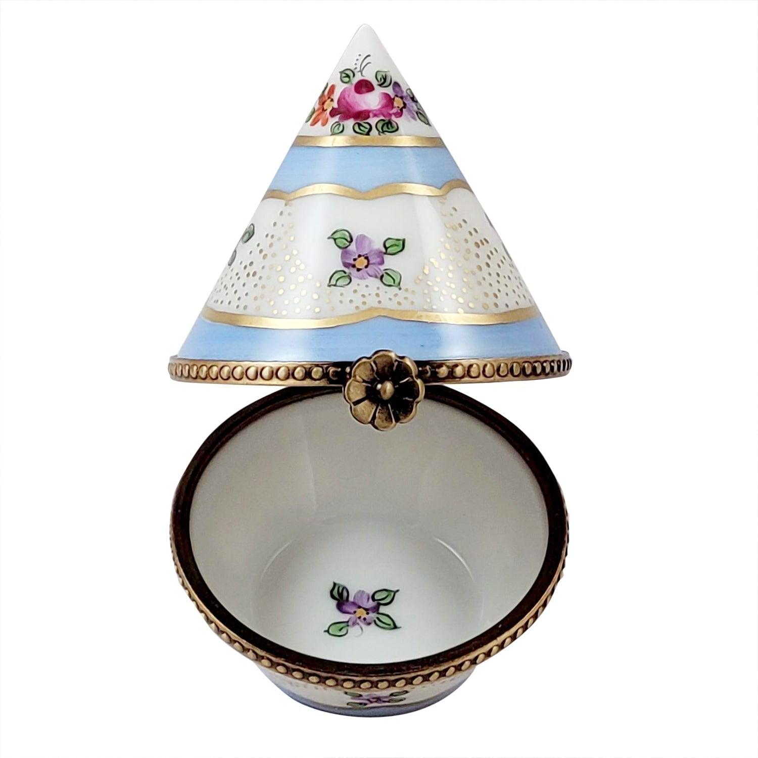 Floral Light Blue & Gold Cone Shape Porcelain Limoges traditional French Trinket Box