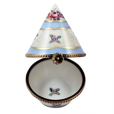 Floral Light Blue & Gold Cone Shape Porcelain Limoges traditional French Trinket Box