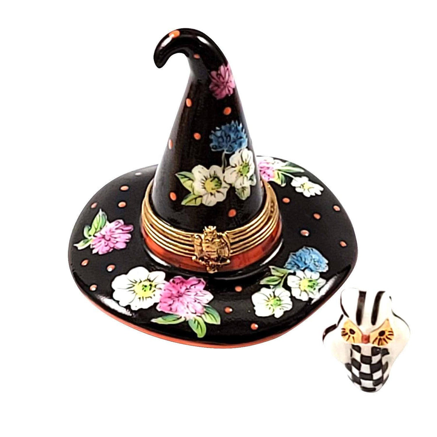 Floral Witch Hat with Removable Owl Porcelain Limoges Halloween French Trinket Box