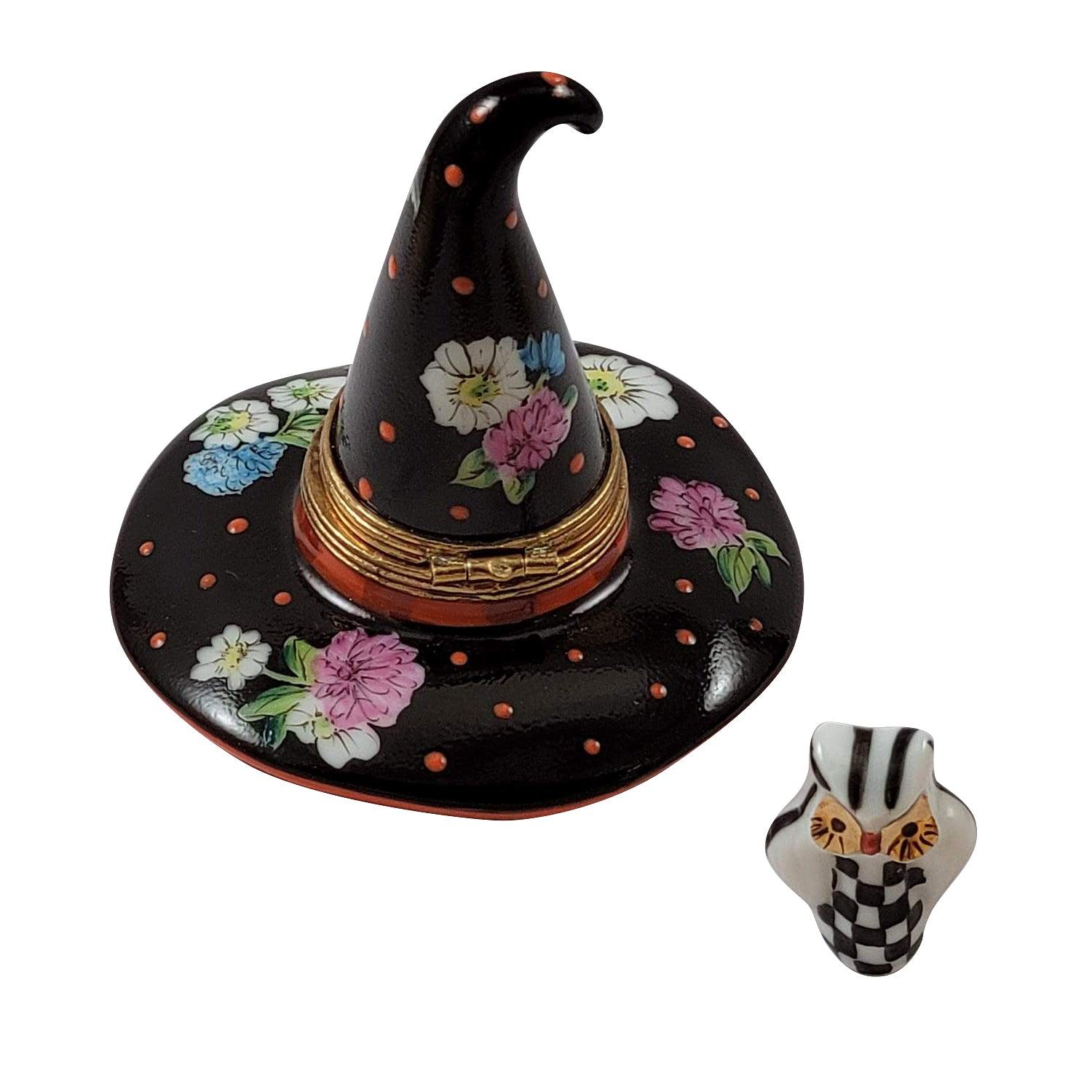 Floral Witch Hat with Removable Owl Porcelain Limoges Halloween French Trinket Box