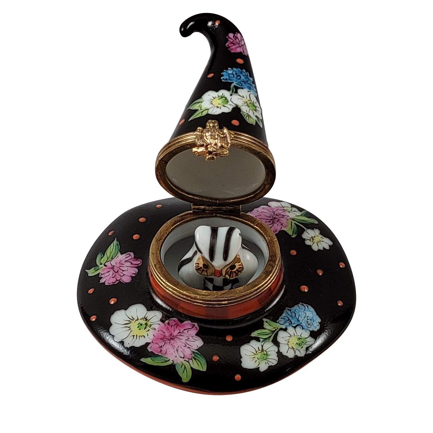 Floral Witch Hat with Removable Owl Porcelain Limoges Halloween French Trinket Box