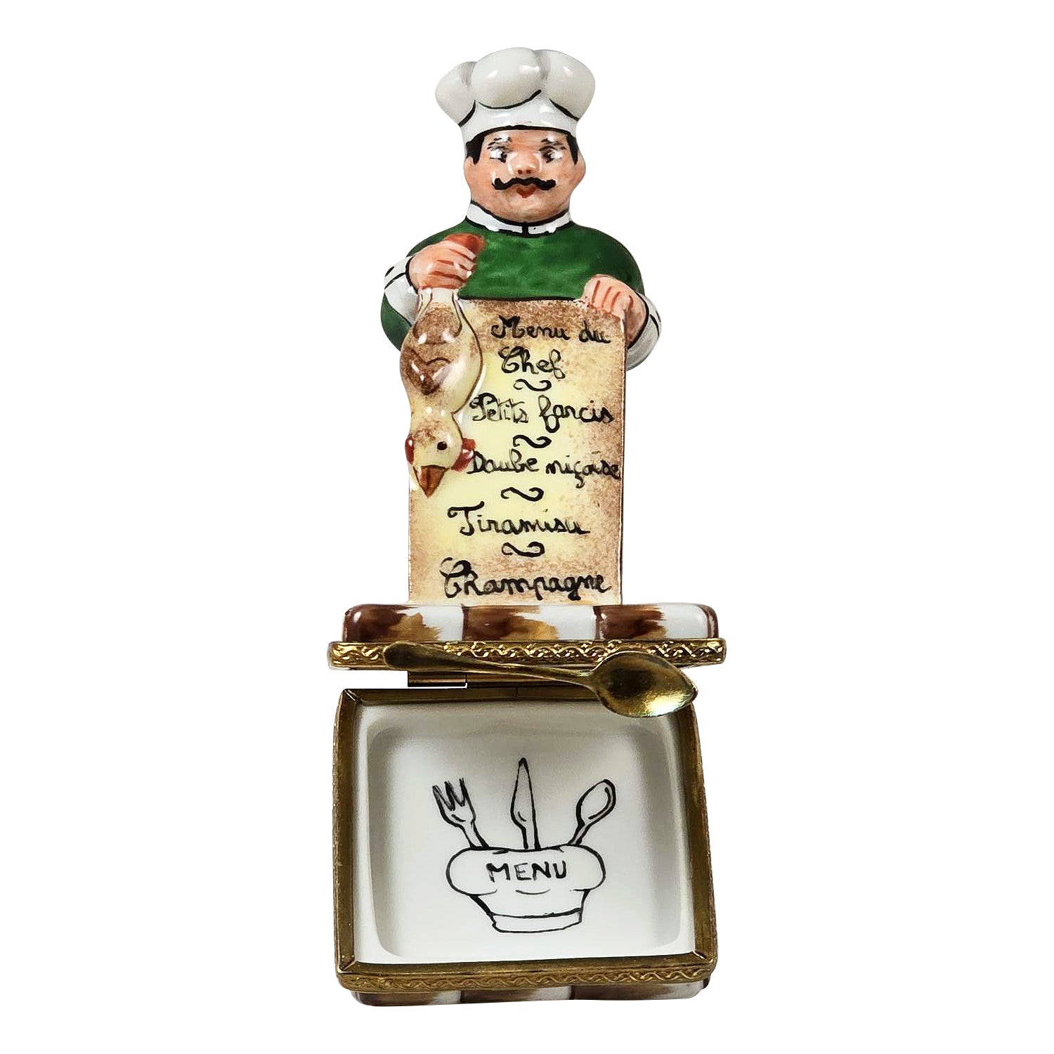 French Chef Holding Fish Menu Porcelain Limoges professional food French Trinket Box