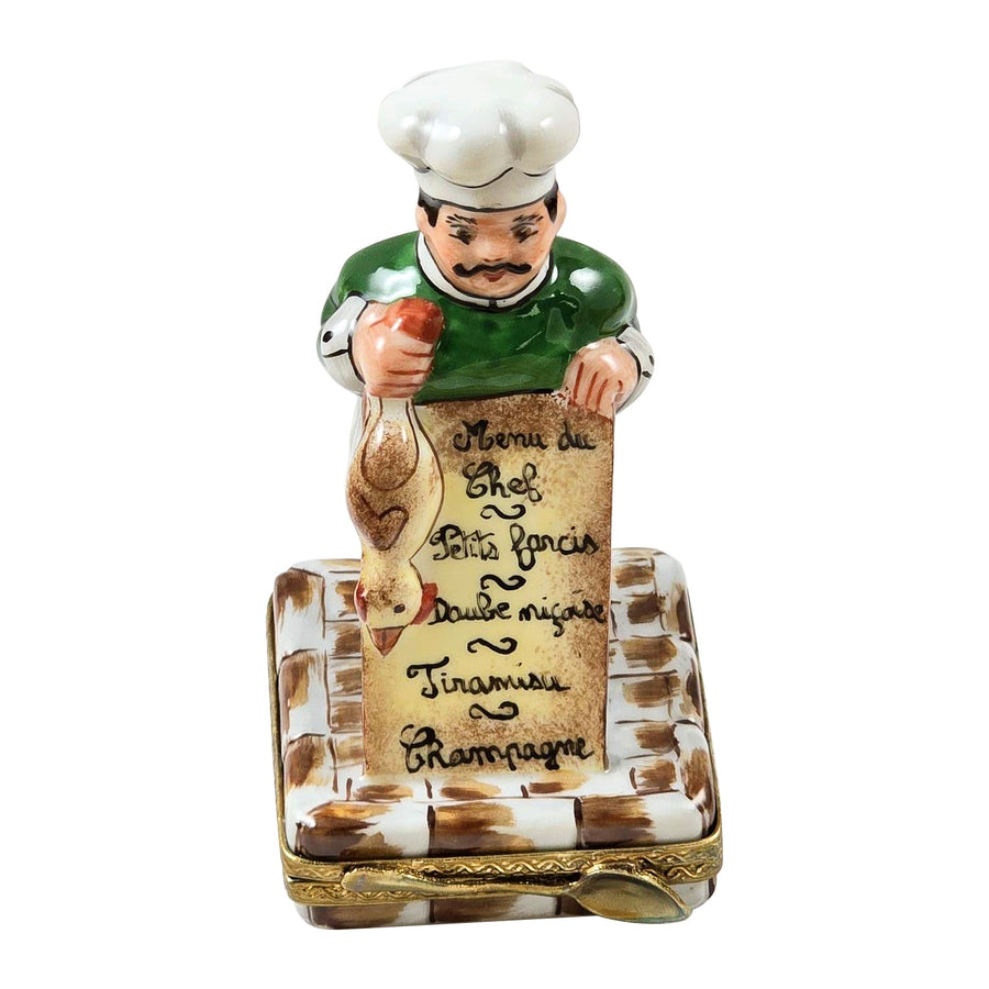 French Chef Holding Fish Menu Porcelain Limoges professional food French Trinket Box