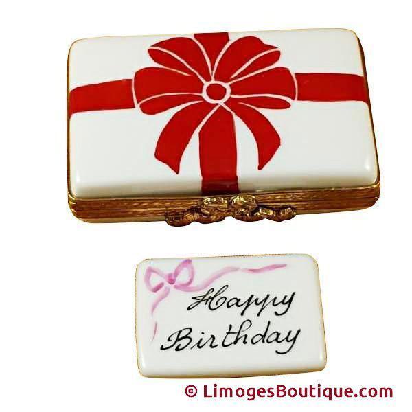 Gift w Red Bow - Happy Birthday Porcelain Limoges birthday Rochard Limoges Box French Trinket Box