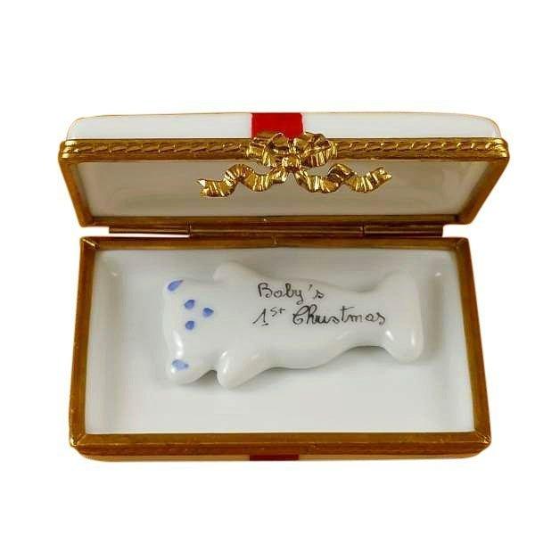Gift with Red Bow - Baby's First Christmas - Blue Porcelain Limoges xmas theme French Trinket Box