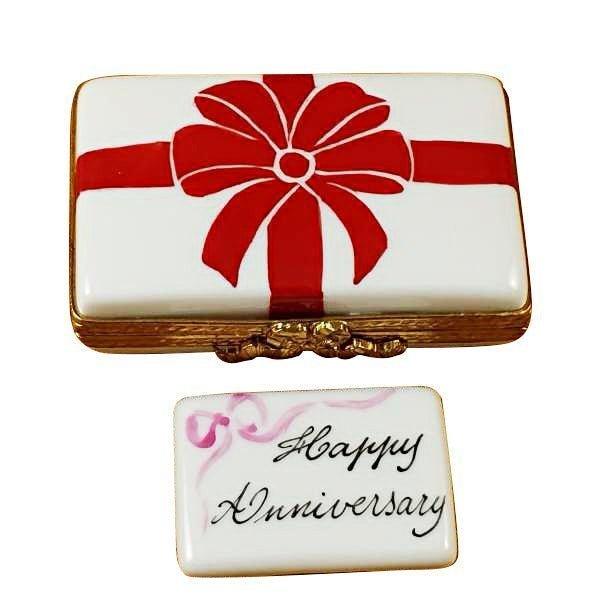 Gift with Red Bow - Happy Anniversary Porcelain Limoges wedding anniversary French Trinket Box