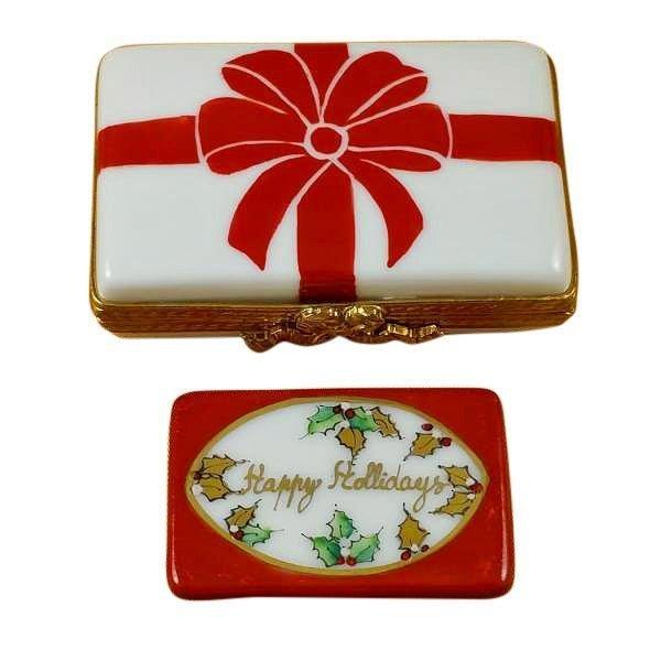 Gift with Red Bow - Happy Holidays Porcelain Limoges xmas theme French Trinket Box