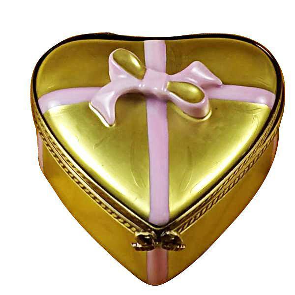Gold Heart w Pink Bow & Chocolates Love Porcelain Limoges Heart love valentine French Trinket Box