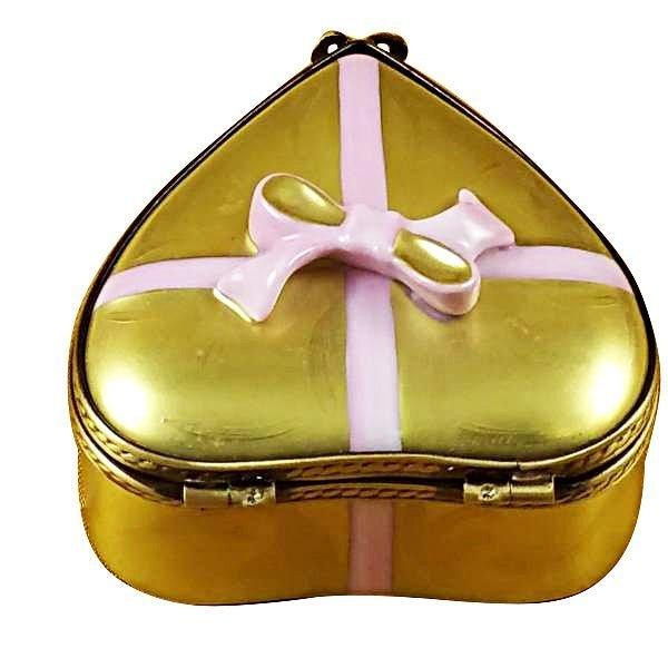 Gold Heart w Pink Bow & Chocolates Love Porcelain Limoges Heart love valentine French Trinket Box