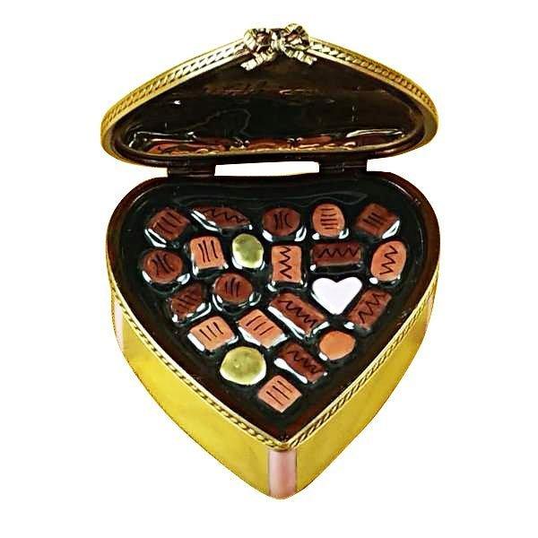 Gold Heart w Pink Bow & Chocolates Love Porcelain Limoges Heart love valentine French Trinket Box