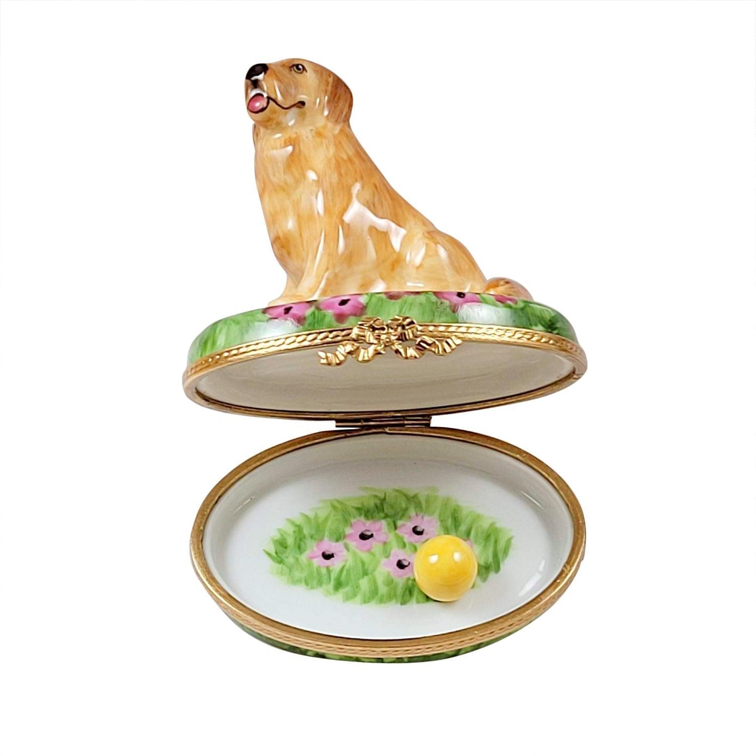 Golden Retriever on Flowers with Removable Ball Porcelain Limoges dog French Trinket Box