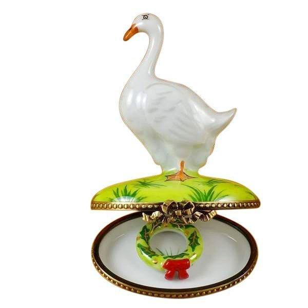 Goose with Spring and Christmas Wreaths Porcelain Limoges xmas theme wild birds French Trinket Box