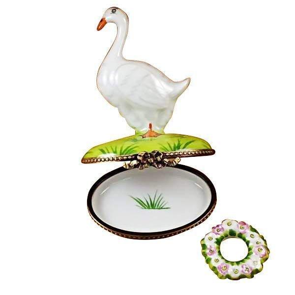 Goose with Spring and Christmas Wreaths Porcelain Limoges xmas theme wild birds French Trinket Box
