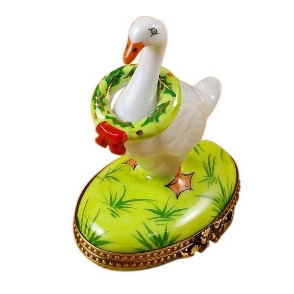 Goose with Spring and Christmas Wreaths Porcelain Limoges xmas theme wild birds French Trinket Box
