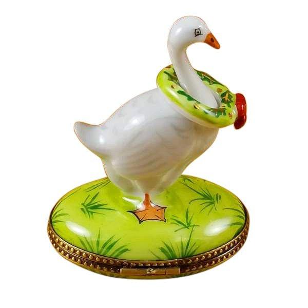 Goose with Spring and Christmas Wreaths Porcelain Limoges xmas theme wild birds French Trinket Box