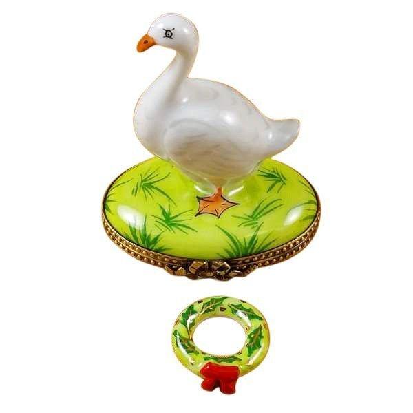 Goose with Spring and Christmas Wreaths Porcelain Limoges xmas theme wild birds French Trinket Box