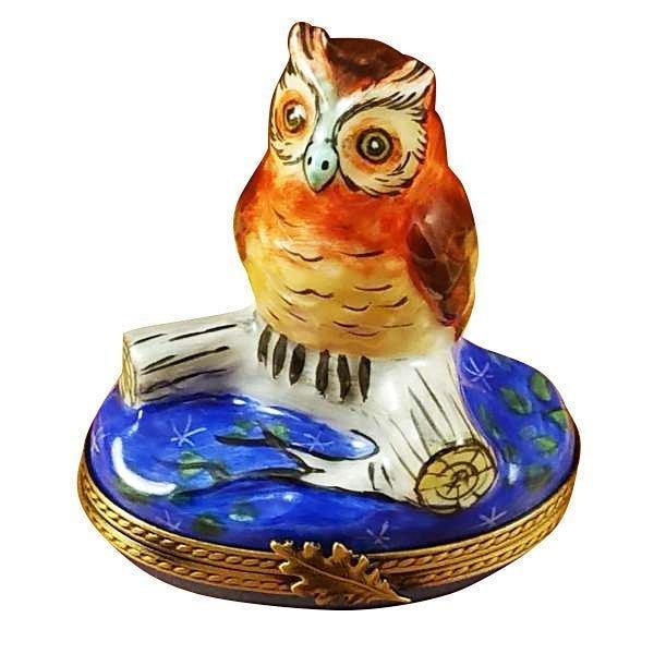 Great Owl on Blue Base Porcelain Limoges Bird owl French Trinket Box