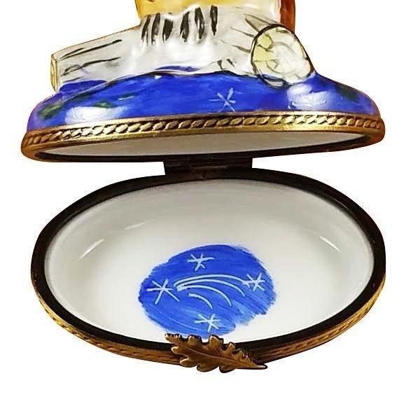 Great Owl on Blue Base Porcelain Limoges Bird owl French Trinket Box