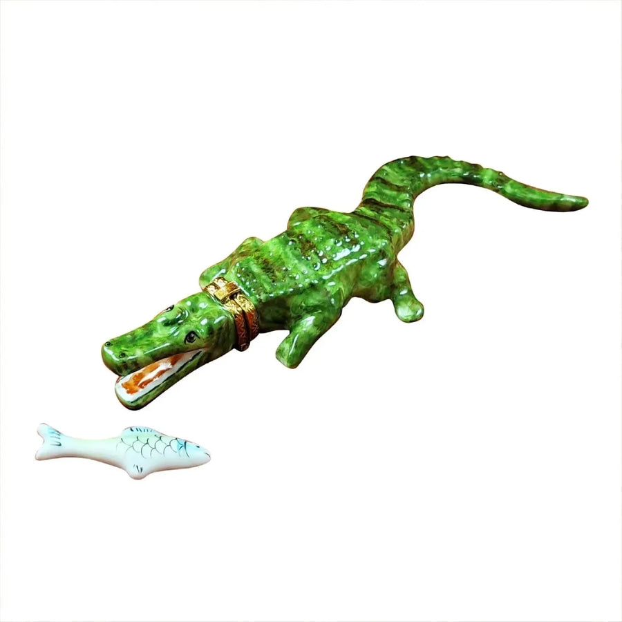 Green Crocodile with a Removable Fish Porcelain Limoges wild animals turtles frogs French Trinket Box