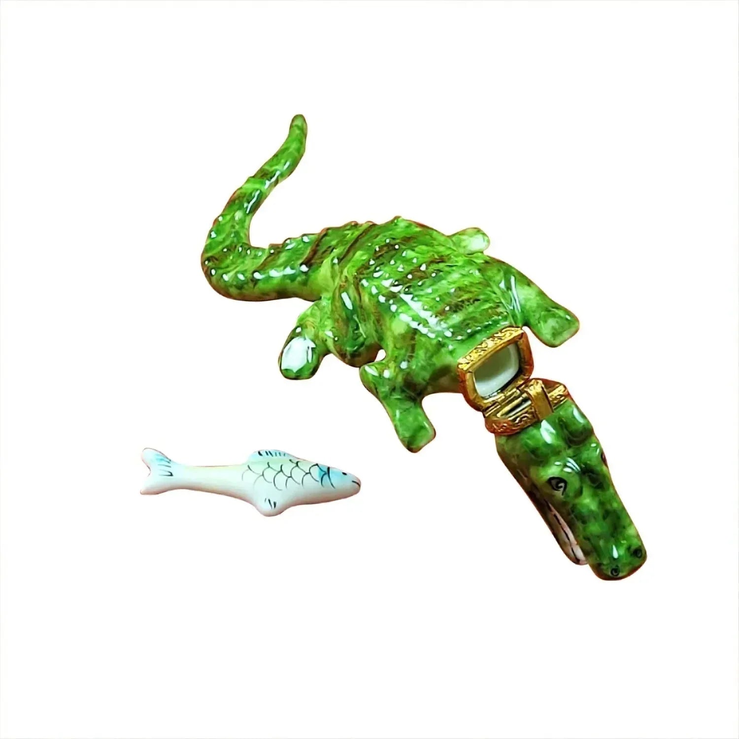 Green Crocodile with a Removable Fish Porcelain Limoges wild animals turtles frogs French Trinket Box