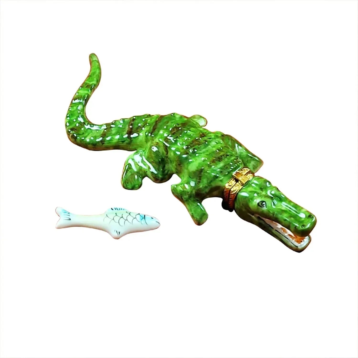 Green Crocodile with a Removable Fish Porcelain Limoges wild animals turtles frogs French Trinket Box