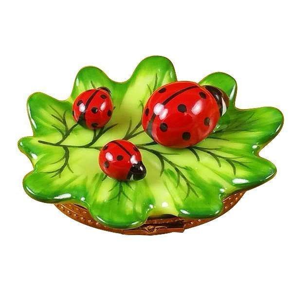 Green Leaf with Three Ladybugs Porcelain Limoges critters bugs LIMOGES BOXES French Trinket Box