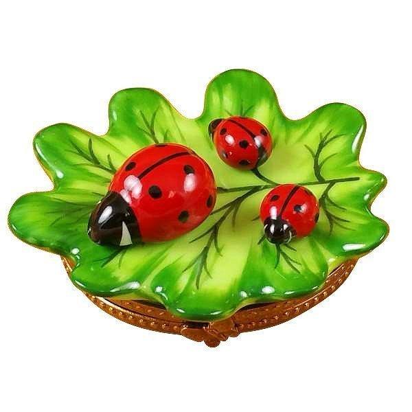 Green Leaf with Three Ladybugs Porcelain Limoges critters bugs LIMOGES BOXES French Trinket Box