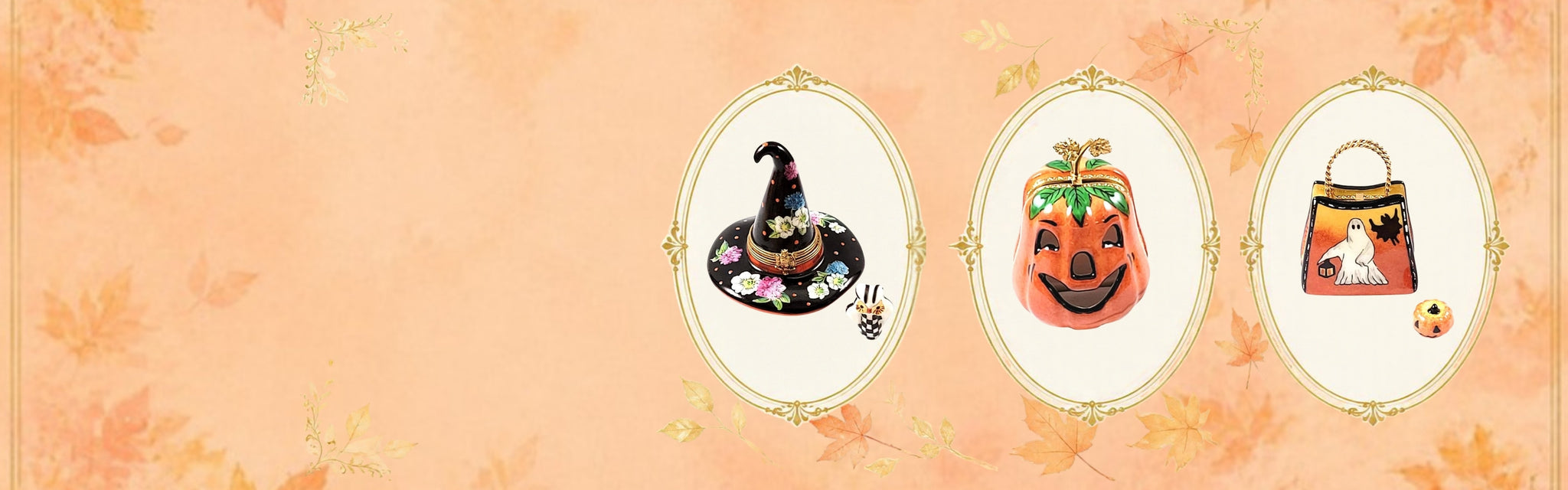Halloween Limoges boxes: Floral Witch Hat, Jack-O-Lantern and Trick or Treat Bag in gold cameo frames