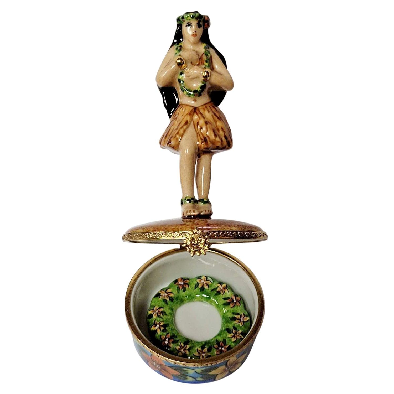 Hawaiian Hula Dancer with Removable Lei Porcelain Limoges dance fine art French Trinket Box
