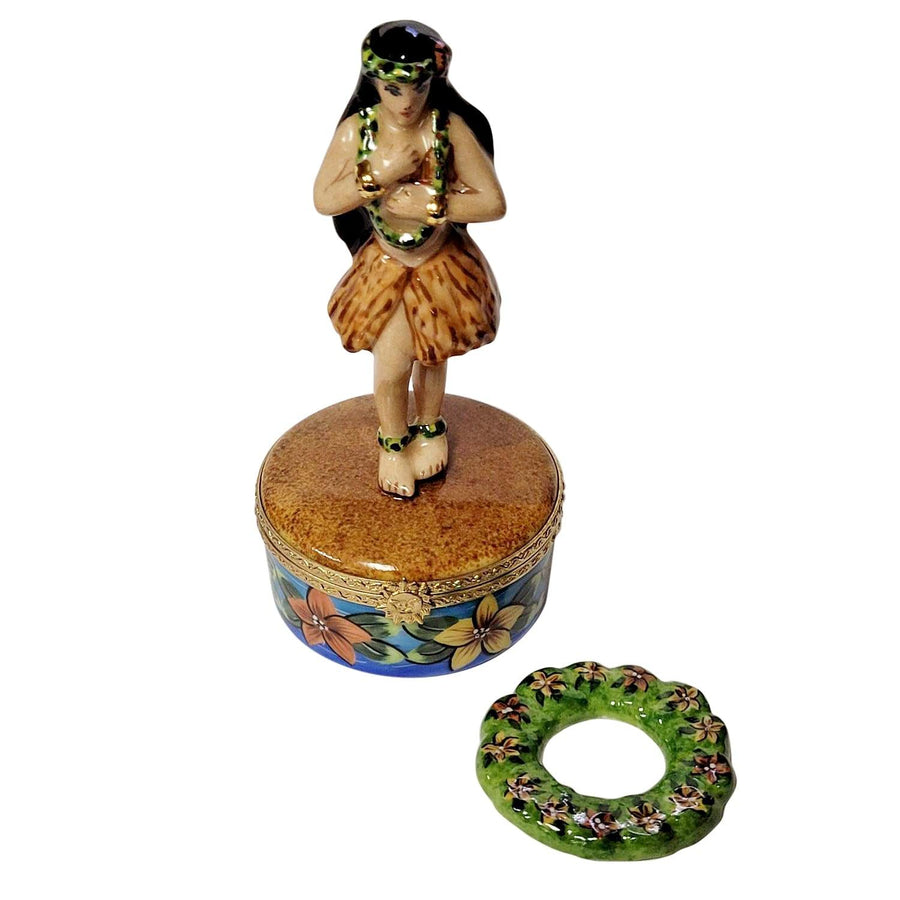 Hawaiian Hula Dancer with Removable Lei Porcelain Limoges dance fine art French Trinket Box