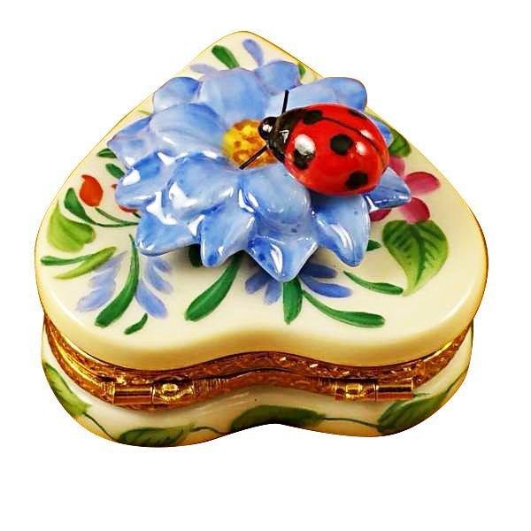 Heart Blue Flower w Ladybug Porcelain Limoges heart garden mother Rochard Limoges Box French Trinket Box