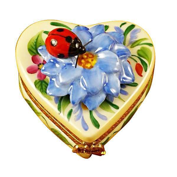 Heart Blue Flower w Ladybug Porcelain Limoges heart garden mother Rochard Limoges Box French Trinket Box