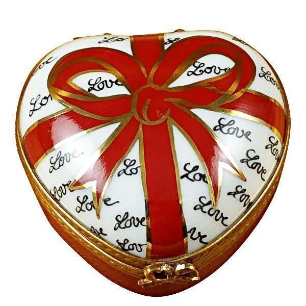 Heart with Red Bow & Three Candies Porcelain Limoges valentine heart French Trinket Box