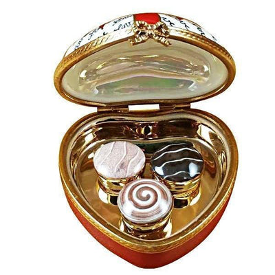 Heart with Red Bow & Three Candies Porcelain Limoges valentine heart French Trinket Box