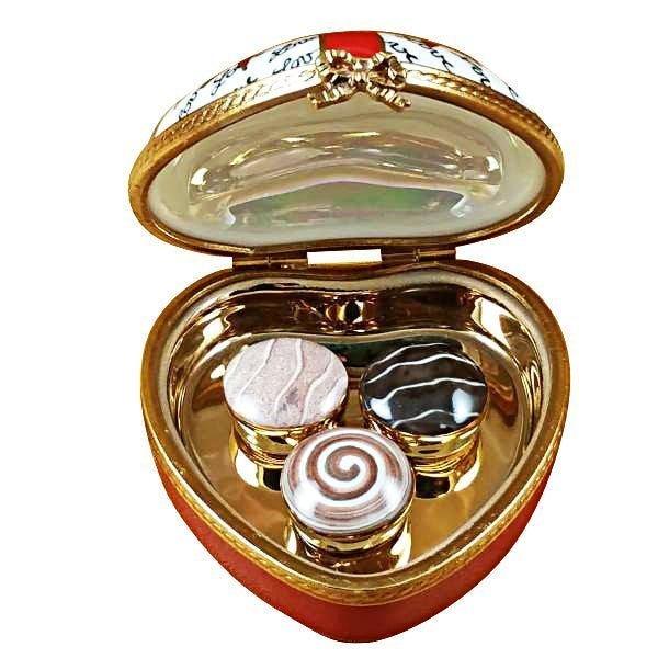 Heart with Red Bow & Three Candies Porcelain Limoges valentine heart French Trinket Box