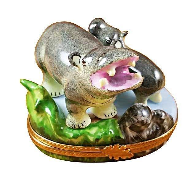 Hippo and Baby Porcelain Limoges wild animals French Trinket Box