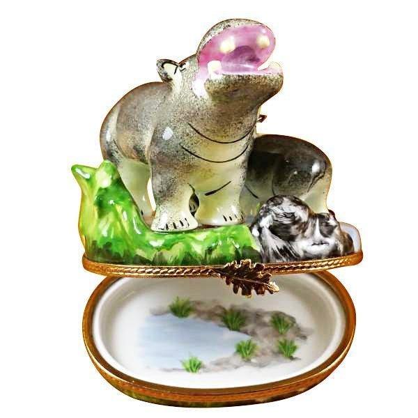 Hippo and Baby Porcelain Limoges wild animals French Trinket Box