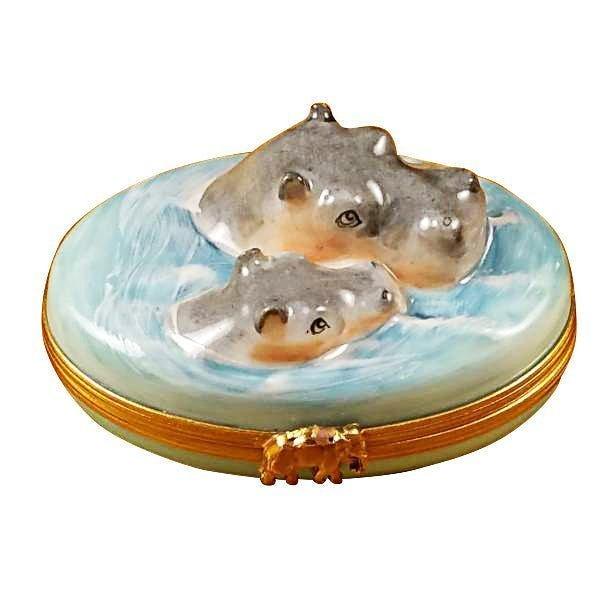 Hippo with Baby in Water Porcelain Limoges wild animals French Trinket Box
