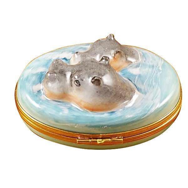 Hippo with Baby in Water Porcelain Limoges wild animals French Trinket Box