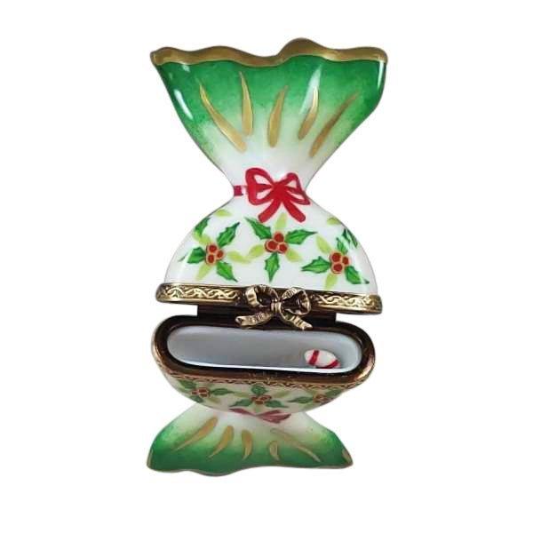 Holly Candy with Candy Cane Porcelain Limoges xmas theme dessert French Trinket Box