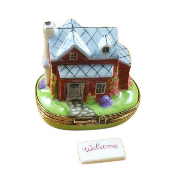 House Cottage w Welcome Plaque Porcelain Limoges Home Special occasions French Trinket Box
