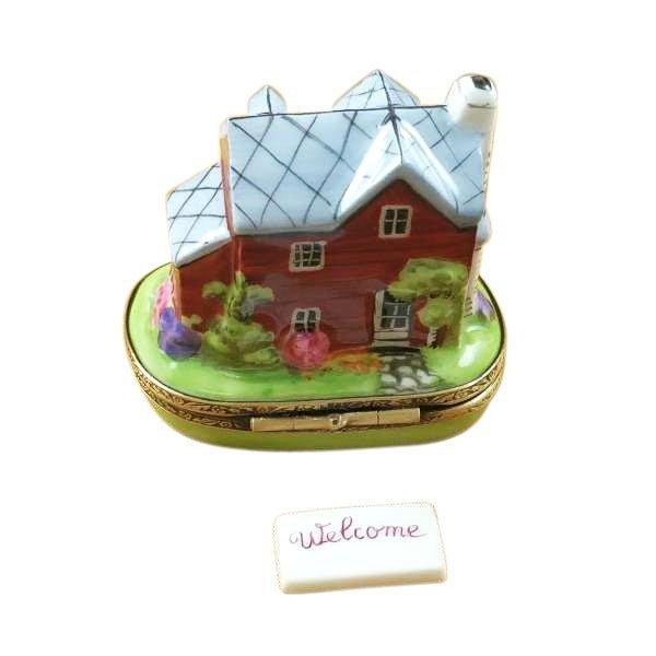 House Cottage w Welcome Plaque Porcelain Limoges Home Special occasions French Trinket Box