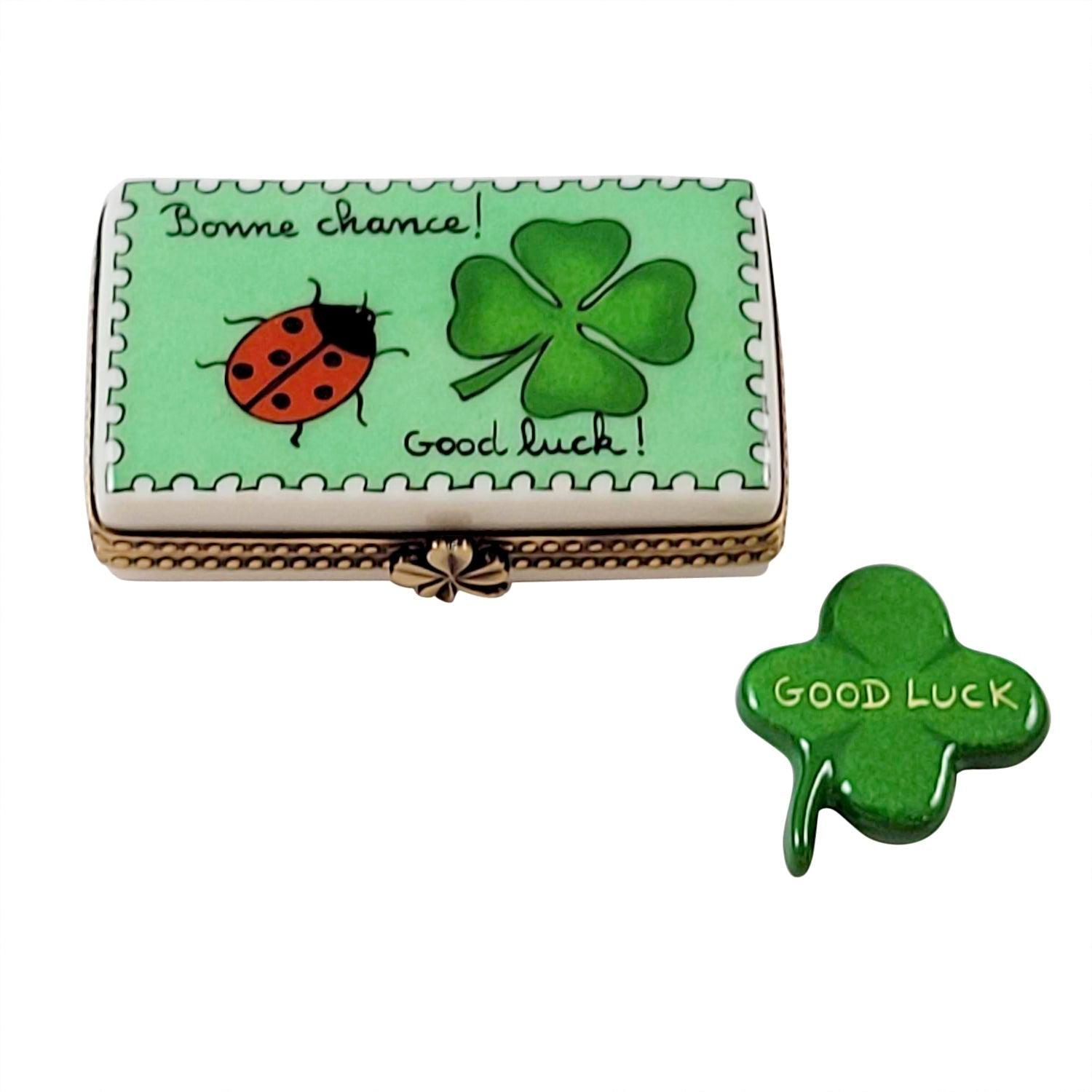 Irish Good Luck with Removable Four Leaf Clover Porcelain Limoges travel special occasions French Trinket Box