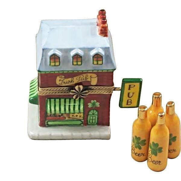 Irish Pub with Four Beer Bottles Porcelain Limoges travel special occasions French Trinket Box