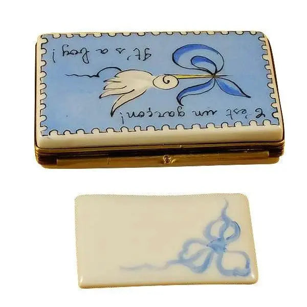 It's a Boy Blue Stork Porcelain Limoges Baby French Trinket Box