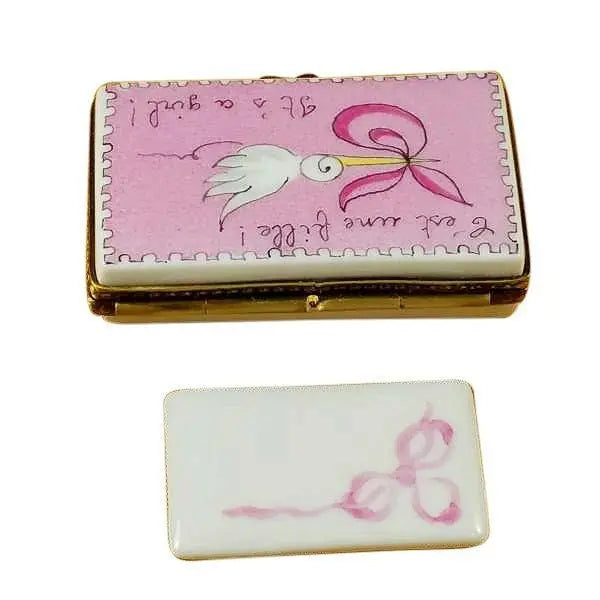 It's a Girl Pink Stork Porcelain Limoges Baby French Trinket Box