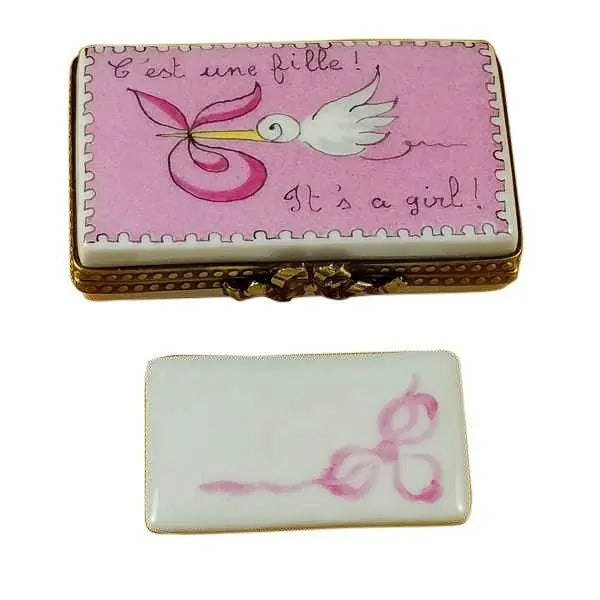 It's a Girl Pink Stork Porcelain Limoges Baby French Trinket Box