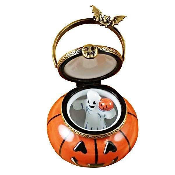 Jack O Lantern Pail with Removable Ghost Porcelain Limoges halloween French Trinket Box